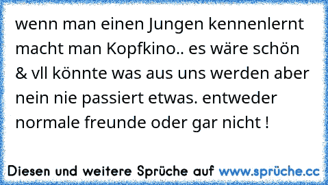 wenn man einen Jungen kennenlernt macht man Kopfkino.. es wäre schön & vll könnte was aus uns werden aber nein nie passiert etwas. entweder normale freunde oder gar nicht !