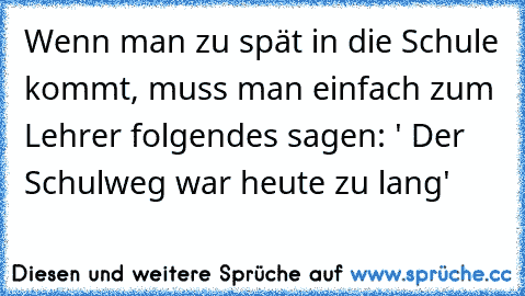 Wenn man zu spät in die Schule kommt, muss man einfach zum Lehrer folgendes sagen: ' Der Schulweg war heute zu lang'