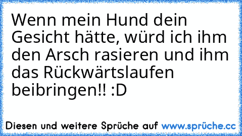 Wenn mein Hund dein Gesicht hätte, würd ich ihm den Arsch rasieren und ihm das Rückwärtslaufen beibringen!! :D