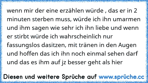 wenn mir der eine erzählen würde , das er in 2 minuten sterben muss, würde ich ihn umarmen und ihm sagen wie sehr ich ihn liebe und wenn er stirbt würde ich wahrscheinlich nur fassungslos dasitzen, mit tränen in den Augen und hoffen das ich ihn noch einmal sehen darf und das es ihm auf jz besser geht als hier