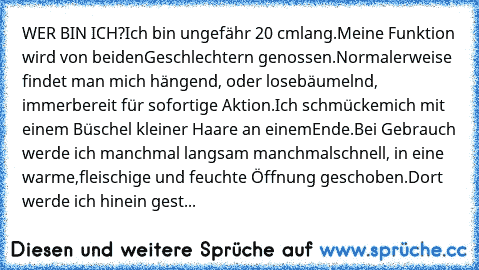 WER BIN ICH?
Ich bin ungefähr 20 cm
lang.
Meine Funktion wird von beiden
Geschlechtern genossen.
Normalerweise findet man mich hängend, oder lose
bäumelnd, immer
bereit für sofortige Aktion.
Ich schmücke
mich mit einem Büschel kleiner Haare an einem
Ende.
Bei Gebrauch werde ich manchmal langsam manchmal
schnell, in eine warme,
fleischige und feuchte Öffnung geschoben.
Dort werde ich hinein gest...