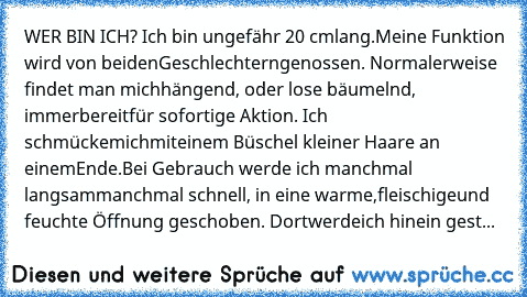 WER BIN ICH? Ich bin ungefähr 20 cm
lang.
Meine Funktion wird von beiden
Geschlechtern
genossen. Normalerweise findet man mich
hängend, oder lose bäumelnd, immer
bereit
für sofortige Aktion. Ich schmücke
mich
mit
einem Büschel kleiner Haare an einem
Ende.
Bei Gebrauch werde ich manchmal langsam
manchmal schnell, in eine warme,
fleischige
und feuchte Öffnung geschoben. Dort
werde
ich hinein gestoße...