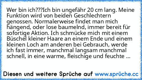 Wer bin ich???
Ich bin ungefähr 20 cm lang. Meine Funktion wird von beiden Geschlechtern genossen. Normalerweise findet man mich hängend, oder lose baumelnd, immer bereit für sofortige Aktion. Ich schmücke mich mit einem Büschel kleiner Haare an einem Ende und einem kleinen Loch am anderen bei Gebrauch, werde ich fast immer, manchmal langsam manchmal schnell, in eine warme, fleischige und feuch...