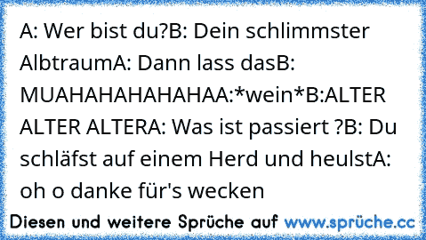 A: Wer bist du?
B: Dein schlimmster Albtraum
A: Dann lass das
B: MUAHAHAHAHAHA
A:*wein*
B:ALTER ALTER ALTER
A: Was ist passiert ?
B: Du schläfst auf einem Herd und heulst
A: oh o danke für's wecken