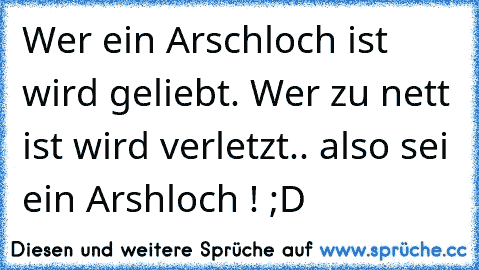 Wer ein Arschloch ist wird geliebt. Wer zu nett ist wird verletzt.. also sei ein Arshloch ! ;D