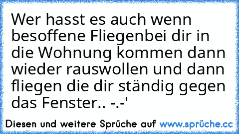 Wer hasst es auch wenn besoffene Fliegen
bei dir in die Wohnung kommen dann wieder raus
wollen und dann fliegen die dir ständig gegen das Fenster.. -.-'