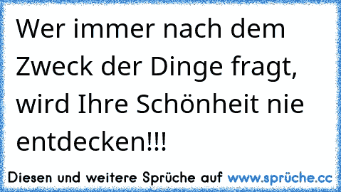 Wer immer nach dem Zweck der Dinge fragt, wird Ihre Schönheit nie entdecken!!!