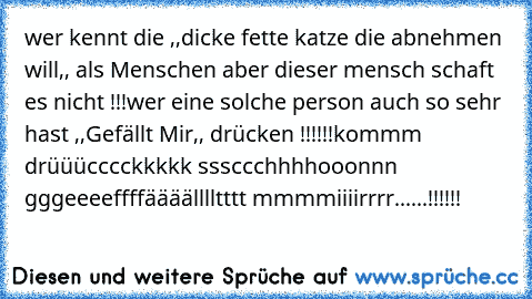 wer kennt die ,,dicke fette katze die abnehmen will,, als Menschen aber dieser mensch schaft es nicht !!!
wer eine solche person auch so sehr hast ,,Gefällt Mir,, drücken !!!!!!kommm drüüücccckkkkk sssccchhhhooonnn gggeeeeffffäääälllltttt mmmmiiiirrrr......!!!!!!