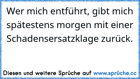 Wer mich entführt, gibt mich spätestens morgen mit einer Schadensersatzklage zurück.