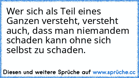 Wer sich als Teil eines Ganzen versteht, versteht auch, dass man niemandem schaden kann ohne sich selbst zu schaden.