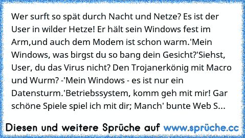 Wer surft so spät durch Nacht und Netze? Es ist der User in wilder Hetze! Er hält sein Windows fest im Arm,und auch dem Modem ist schon warm.
'Mein Windows, was birgst du so bang dein Gesicht?'Siehst, User, du das Virus nicht? Den Trojanerkönig mit Macro und Wurm? -
'Mein Windows - es ist nur ein Datensturm.'
Betriebssystem, komm geh mit mir! Gar schöne Spiele spiel ich mit dir; Manch' bunte Web S...