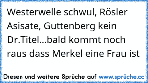 Westerwelle schwul, Rösler Asisate, Guttenberg kein Dr.Titel...bald kommt noch raus dass Merkel eine Frau ist