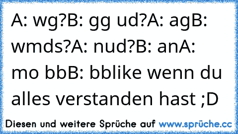 A: wg?
B: gg ud?
A: ag
B: wmds?
A: nud?
B: an
A: mo bb
B: bb
like wenn du alles verstanden hast ;D ♥