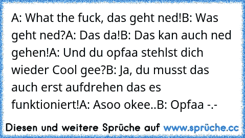 A: What the fuck, das geht ned!
B: Was geht ned?
A: Das da!
B: Das kan auch ned gehen!
A: Und du opfaa stehlst dich wieder Cool gee?
B: Ja, du musst das auch erst aufdrehen das es funktioniert!
A: Asoo okee..
B: Opfaa -.-