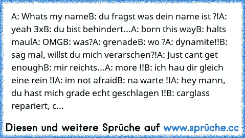 A: Whats my name
B: du fragst was dein name ist ?!
A: yeah 3x
B: du bist behindert...
A: born this way
B: halts maul
A: OMG
B: was?
A: grenade
B: wo ?
A: dynamite!!
B: sag mal, willst du mich verarschen?!
A: Just cant get enough
B: mir reichts...
A: more !!
B: ich hau dir gleich eine rein !!
A: im not afraid
B: na warte !!
A: hey mann, du hast mich grade echt geschlagen !!
B: carglass repariert...