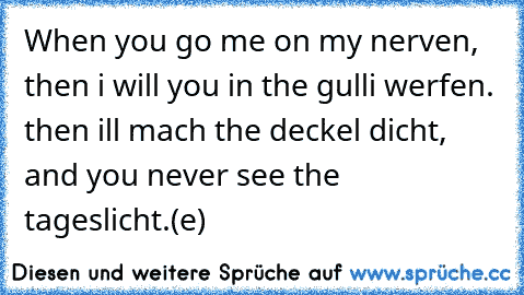 When you go me on my nerven, then i will you in the gulli werfen. then ill mach the deckel dicht, and you never see the tageslicht.
(e)