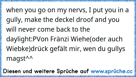when you go on my nervs, I put you in a gully, make the deckel droof and you will never come back to the daylight:P
Von Fränzi Wiehe(oder auch Wiebke)
drück gefält mir, wen du gullys magst^^