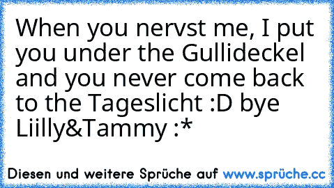 When you nervst me, I put you under the Gullideckel and you never come back to the Tageslicht :D 
bye Liilly&Tammy :*