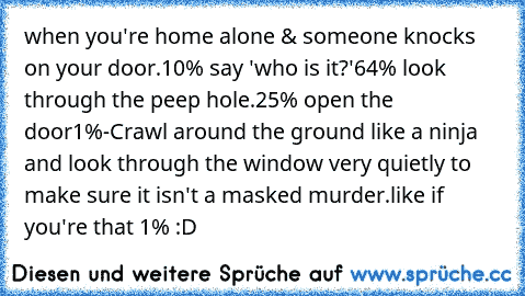 when you're home alone & someone knocks on your door.
10% say 'who is it?'
64% look through the peep hole.
25% open the door
1%-Crawl around the ground like a ninja and look through the window very quietly to make sure it isn't a masked murder.
like if you're that 1% :D