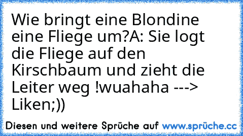 Wie bringt eine Blondine eine Fliege um?
A: Sie logt die Fliege auf den Kirschbaum und zieht die Leiter weg !
wuahaha ---> Liken
;))