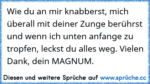 Wie du an mir knabberst, mich überall mit deiner Zunge berührst und wenn ich unten anfange zu tropfen, leckst du alles weg. Vielen Dank, dein MAGNUM.