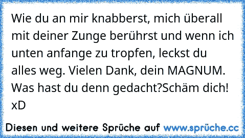 Wie du an mir knabberst, mich überall mit deiner Zunge berührst und wenn ich unten anfange zu tropfen, leckst du alles weg. Vielen Dank, dein MAGNUM. 
Was hast du denn gedacht?Schäm dich! xD