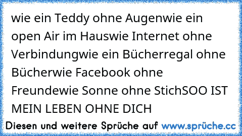 wie ein Teddy ohne Augen
wie ein open Air im Haus
wie Internet ohne Verbindung
wie ein Bücherregal ohne Bücher
wie Facebook ohne Freunde
wie Sonne ohne Stich
SOO IST MEIN LEBEN OHNE DICH