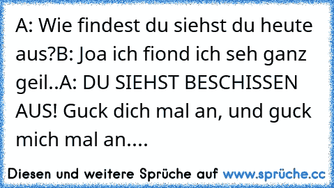 A: Wie findest du siehst du heute aus?
B: Joa ich fiond ich seh ganz geil..
A: DU SIEHST BESCHISSEN AUS! Guck dich mal an, und guck mich mal an.
...