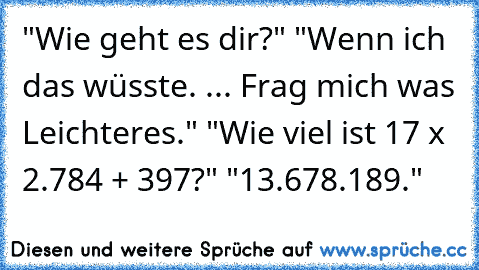 "Wie geht es dir?" "Wenn ich das wüsste. ... Frag mich was Leichteres." "Wie viel ist 17³ x 2.784 + 397?" "13.678.189."