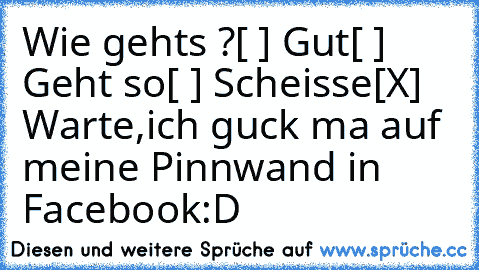 Wie gehts ?
[ ] Gut
[ ] Geht so
[ ] Scheisse
[X] Warte,ich guck ma auf meine Pinnwand in Facebook
:D