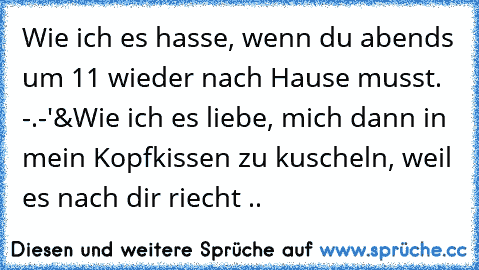 Wie ich es hasse, wenn du abends um 11 wieder nach Hause musst. -.-'
&
Wie ich es liebe, mich dann in mein Kopfkissen zu kuscheln, weil es nach dir riecht .. ♥