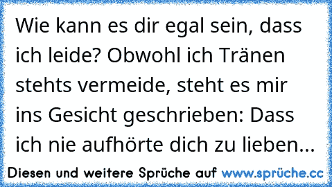 Wie kann es dir egal sein, dass ich leide? Obwohl ich Tränen stehts vermeide, steht es mir ins Gesicht geschrieben: Dass ich nie aufhörte dich zu lieben...