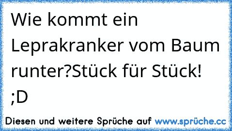 Wie kommt ein Leprakranker vom Baum runter?
Stück für Stück! ;D