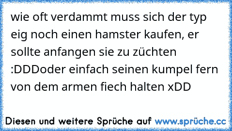 wie oft verdammt muss sich der typ eig noch einen hamster kaufen, er sollte anfangen sie zu züchten :DDD
oder einfach seinen kumpel fern von dem armen fiech halten xDD