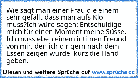 Wie sagt man einer Frau die einem sehr gefällt dass man aufs Klo muss?
Ich würd sagen: Entschuldige mich für einen Moment meine Süsse. Ich muss eben einem intimen Freund von mir, den ich dir gern nach dem Essen zeigen würde, kurz die Hand geben.