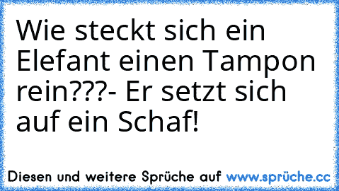 Wie steckt sich ein Elefant einen Tampon rein???
- Er setzt sich auf ein Schaf!