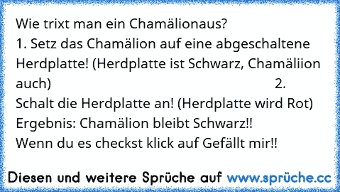 Wie trixt man ein Chamälionaus?                         1. Setz das Chamälion auf eine abgeschaltene Herdplatte! (Herdplatte ist Schwarz, Chamäliion auch)                                                               2. Schalt die Herdplatte an! (Herdplatte wird Rot)  Ergebnis: Chamälion bleibt Schwarz!!                  Wenn du es checkst klick auf Gefällt mir!!