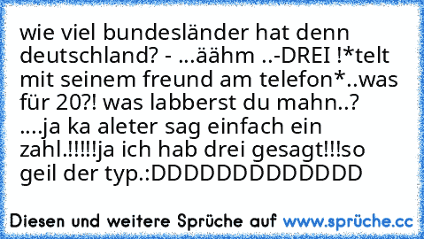 wie viel bundesländer hat denn deutschland? - ...äähm ..-DREI !*telt mit seinem freund am telefon*..was für 20?! was labberst du mahn..? ....ja ka aleter sag einfach ein zahl.!!!!!ja ich hab drei gesagt!!!
so geil der typ.:DDDDDDDDDDDDD