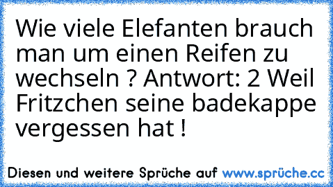 Wie viele Elefanten brauch man um einen Reifen zu wechseln ? Antwort: 2 Weil Fritzchen seine badekappe vergessen hat !