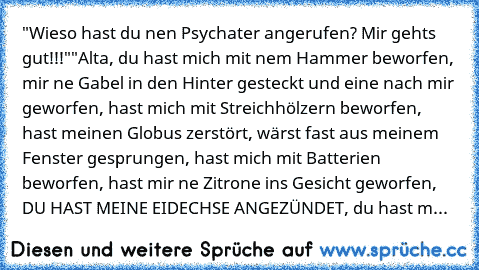 "Wieso hast du nen Psychater angerufen? Mir gehts gut!!!"
"Alta, du hast mich mit nem Hammer beworfen, mir ne Gabel in den Hinter gesteckt und eine nach mir geworfen, hast mich mit Streichhölzern beworfen, hast meinen Globus zerstört, wärst fast aus meinem Fenster gesprungen, hast mich mit Batterien beworfen, hast mir ne Zitrone ins Gesicht geworfen, DU HAST MEINE EIDECHSE ANGEZÜNDET, du hast m...