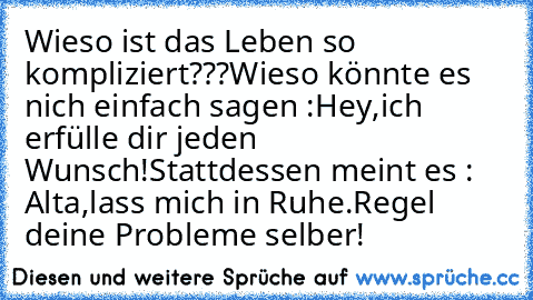 Wieso ist das Leben so kompliziert???
Wieso könnte es nich einfach sagen :
Hey,ich erfülle dir jeden Wunsch!
Stattdessen meint es : Alta,lass mich in Ruhe.Regel deine Probleme selber!