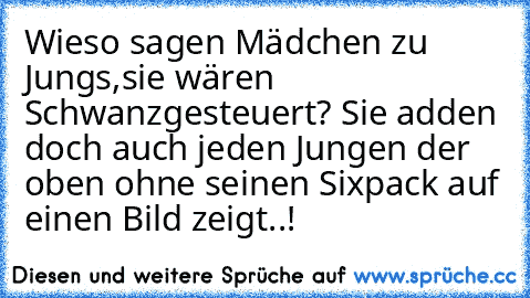 Wieso sagen Mädchen zu Jungs,sie wären Schwanzgesteuert? Sie adden doch auch jeden Jungen der oben ohne seinen Sixpack auf einen Bild zeigt..!