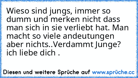 Wieso sind jungs, immer so dumm und merken nicht dass man sich in sie verliebt hat. Man macht so viele andeutungen aber nichts..
Verdammt Junge? ich liebe dich .