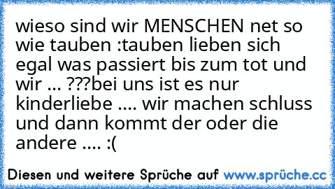 wieso sind wir MENSCHEN net so wie tauben :
tauben lieben sich egal was passiert bis zum tot und wir ... ???
bei uns ist es nur kinderliebe .... wir machen schluss und dann kommt der oder die andere .... :(