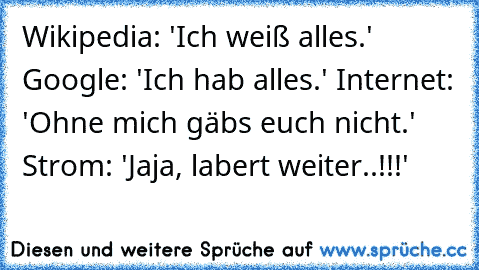 Wikipedia: 'Ich weiß alles.'
 Google: 'Ich hab alles.'
 Internet: 'Ohne mich gäbs euch nicht.'
 Strom: 'Jaja, labert weiter..!!!'