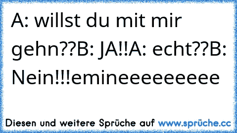 A: willst du mit mir gehn??
B: JA!!
A: echt??
B: Nein!!!
emineeeeeeeee