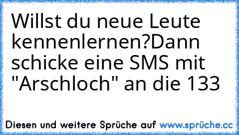 Willst du neue Leute kennenlernen?
Dann schicke eine SMS mit "Arschloch" an die 133