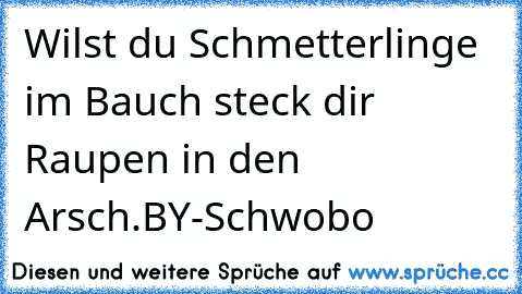 Wilst du Schmetterlinge im Bauch steck dir Raupen in den Arsch.
BY-Schwobo