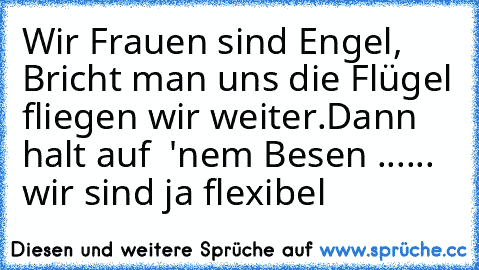 Wir Frauen sind Engel,
     Bricht man uns die Flügel fliegen wir weiter.
Dann halt auf  'nem Besen ...... wir sind ja flexibel