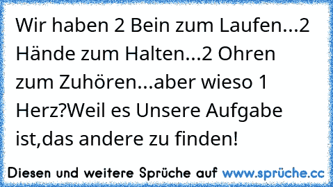 Wir haben 2 Bein zum Laufen...
2 Hände zum Halten...
2 Ohren zum Zuhören...
aber wieso 1 Herz?
Weil es Unsere Aufgabe ist,
das andere zu finden! ♥